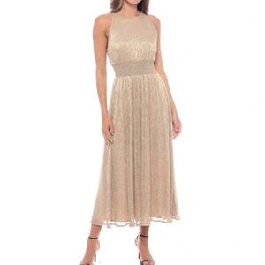 MARINA Gold Sleeveless Smocked Waist Midi Dress